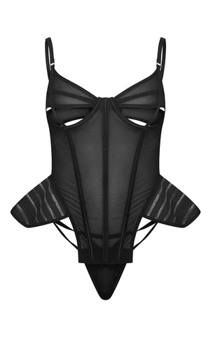 BLACK MESH CUT OUT DETAIL CORSET LINGERIE SET