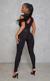 BLACK SLINKY HIGH NECK CUT OUT TWIST DETAIL JUMPSUIT
