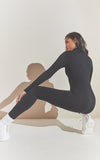 BLACK STRUCTURED CONTOUR RIB ZIP JUMPSUIT