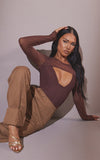 CHOCOLATE MESH OVERLAY RIB BODYSUIT