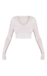 WHITE SECOND SKIN LONG SLEEVE V NECK CROP TOP