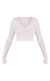 WHITE SECOND SKIN LONG SLEEVE V NECK CROP TOP