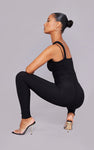 BLACK SLINKY ASYMMETRIC STRAP JUMPSUIT
