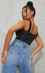 BLACK PU UNDERBUST HALTERNECK STRAP DETAIL CROP TOP