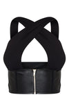 BLACK PU UNDERBUST HALTERNECK STRAP DETAIL CROP TOP