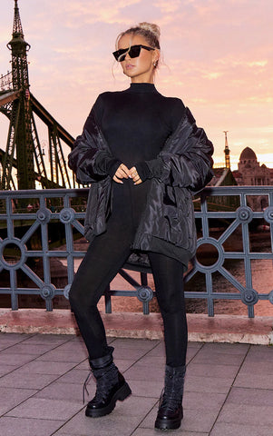 BLACK HIGH NECK THUMBHOLE JERSEY JUMPSUIT