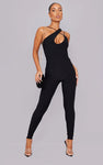 BLACK SLINKY ASYMMETRIC STRAP JUMPSUIT