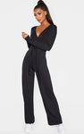 BLACK TIE WAIST LONG SLEEVE JUMPSUIT