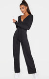 BLACK TIE WAIST LONG SLEEVE JUMPSUIT