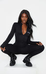 BLACK EMBROIDERED ZIP FRONT JUMPSUIT