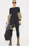 RECYCLED BLACK RIB SEAM DETAIL CREW NECK JUMPSUIT