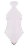 WHITE SLINKY HIGH NECK BACKLESS BODYSUIT