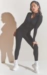 BLACK STRUCTURED CONTOUR RIB ZIP JUMPSUIT
