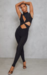 BLACK SLINKY HIGH NECK CUT OUT TWIST DETAIL JUMPSUIT
