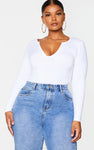 PLUS BASIC WHITE PLUNGE LONG SLEEVE BODYSUIT