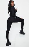 BLACK EMBROIDERED ZIP FRONT JUMPSUIT