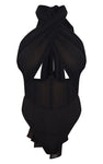 BLACK CHIFFON HALTERNECK UNDERBUST CORSET DETAIL BODYSUIT