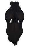 BLACK CHIFFON HALTERNECK UNDERBUST CORSET DETAIL BODYSUIT