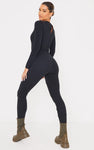 RECYCLED BLACK RIB SEAM DETAIL CREW NECK JUMPSUIT