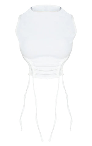 WHITE CREPE RACER NECK SIDE RUCHED CROP TOP