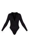 BLACK RIB RUCHED FRONT SHIRT BODYSUIT